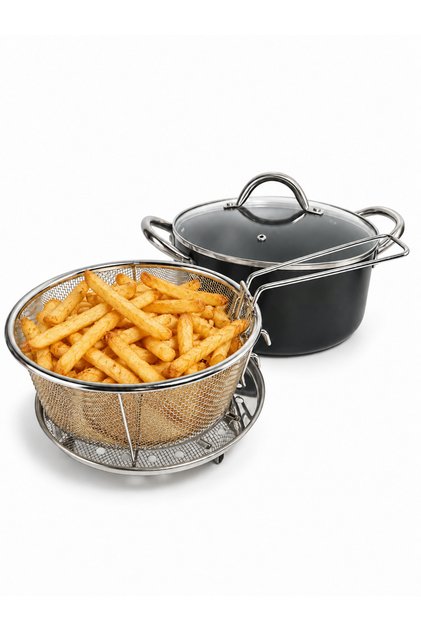 Oală multifuncțională SWAN, 4 L, 24 cm, cu capac din sticlă, coș pentru prăjit și inserție pentru aburi