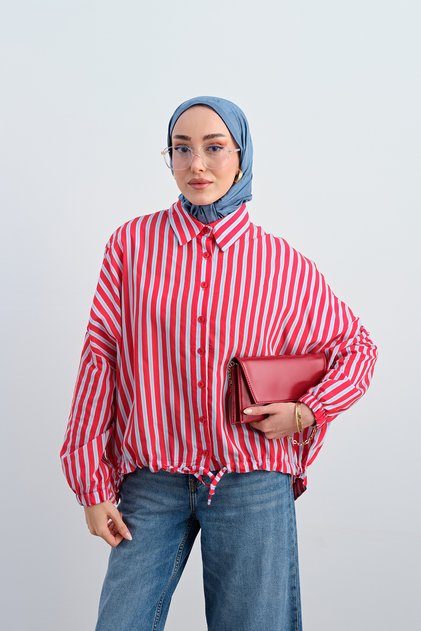 Women's Elasticated Wrists, Balloon Sleeves, Adjustable Waist Shirt, Red