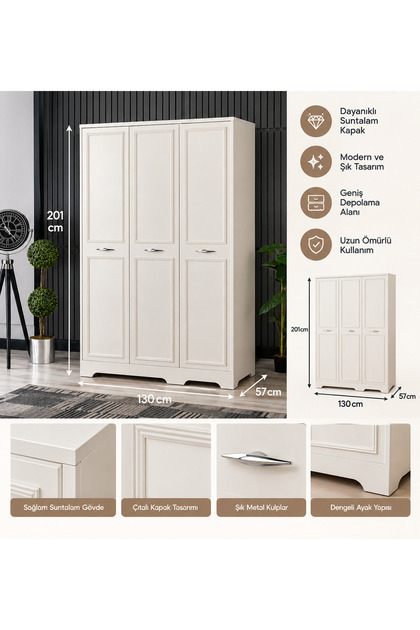 3 Kapaklı Çıtalı GARDROP – Modern Tasarım Gardırop – 130x57x201 cm