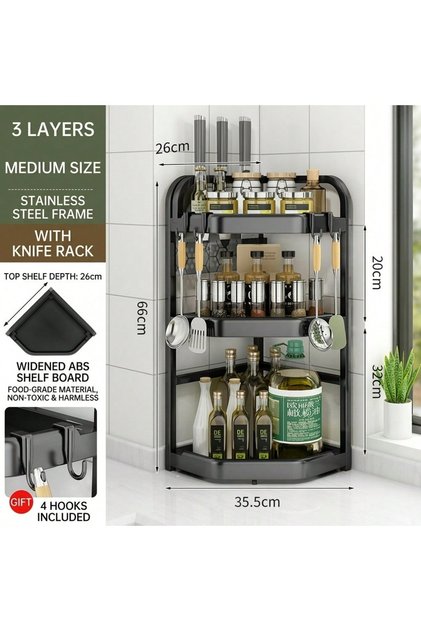 3-Tier Kitchen Corner Spice Rack – Triangular Countertop Organizer with Knife Holder and Hooks – Large-Capacity Stainless Steel Seasoning Storage Rack