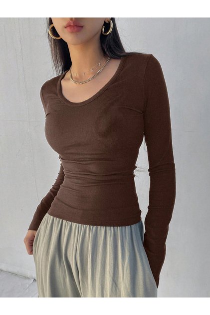 Brown Ribbed Long-Sleeve Top