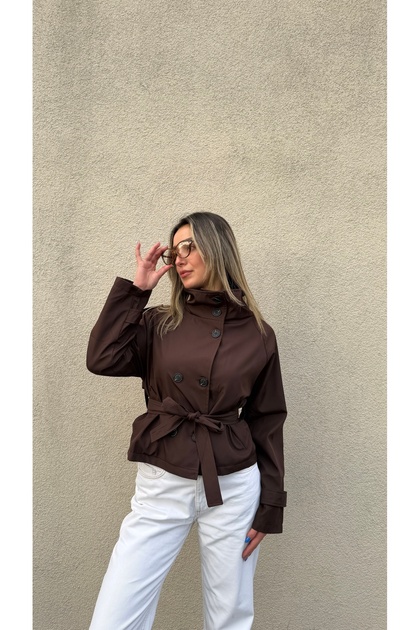 Women's Stand Collar Back Windbreaker Detailed Belted Short Trench Coat Jacket Trench