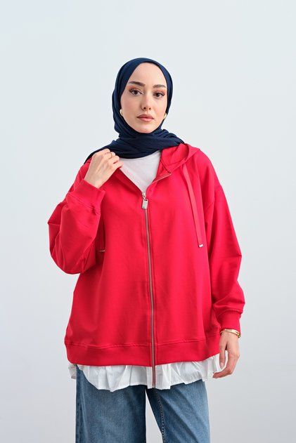 Kadın Etek Ve Fırfır Detay Çift Renk Sweatshirt Kırmızı