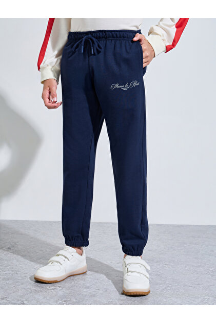 Teen Boys Navy Blue Slogan Print Cuffed Joggers