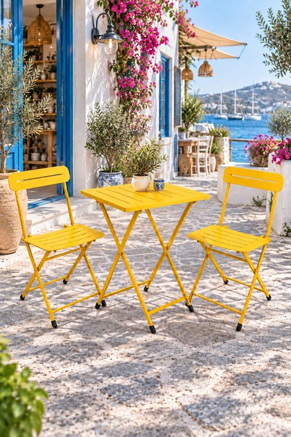 Katlanır Metal Balkon Bahçe Bistro Masa Sandalye Seti 2 Kişilik 1 Masa 2 Sandalye Sarı 1640