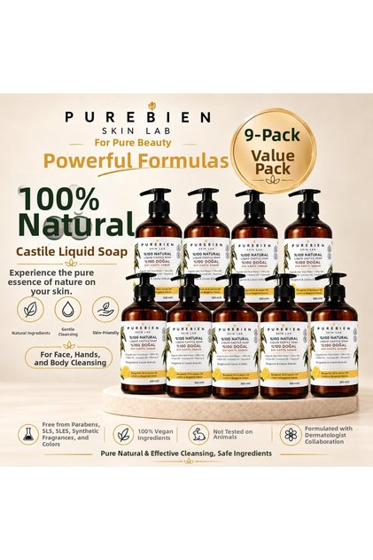 9-Pack Deal 100% Natural Castile Liquid Soap - Bergamot & Lemon Scented