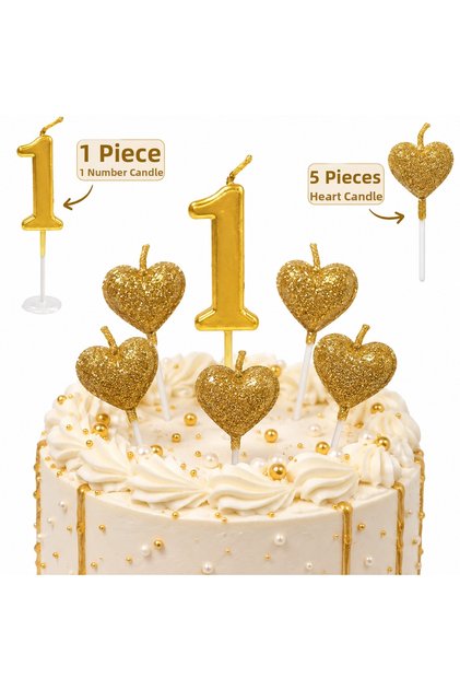 Gold Cake Candle Set with 1-9 Number Options – 5 Heart Candles + 1 Number Candle
