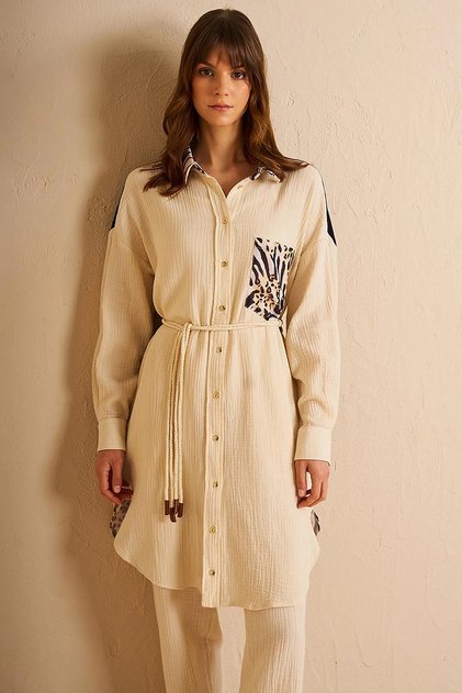 Animal Print Patterned Muslin Tunic Cream