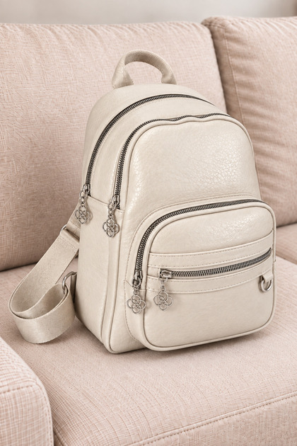 Women's Cream 4-Compartment Soft Leather Zippered Backpack – Leather Detailed Adjustable Strap