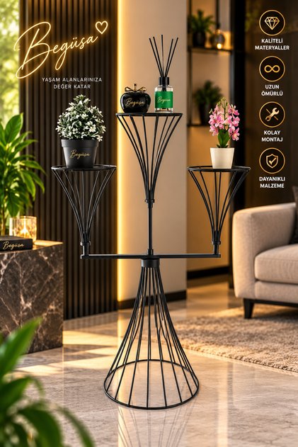Dimitri 3'lü Saksılık Siyah, 3'lü Saksı Standı, Metal Çiçeklik, Dekoratif Saksılık, Saksı Standı, Ev ve Balkon Dekorasyonu