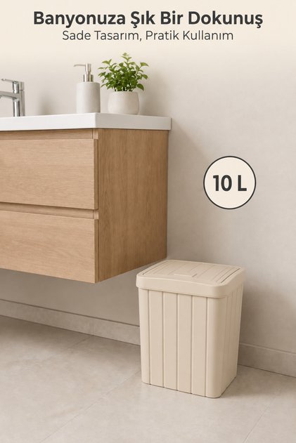 10 Litre Krem Sallanır Kapaklı Çöp Kovası Çizgili Kompakt Mutfak Banyo Ofis Çöp Kutusu