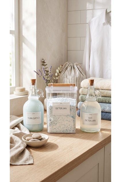 Vacuum Transparent Detergent Jar with Wooden Handle 2000ML - Softener and Liquid Detergent Bottle 1000ML