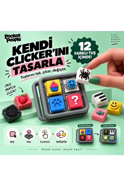 Kişiselleştirilebilir Mini Mekanik Klavye Tuşlu Fidget Clicker Anahtarlık – Değiştirilebilir Keycap, 12 Random Tuş Dahil