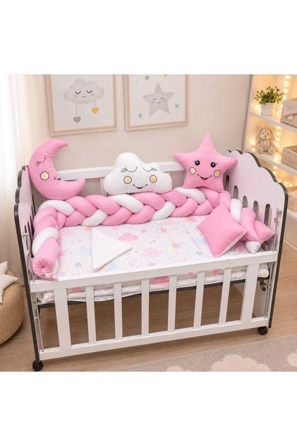 3Lü Örgülü Kenar Koruma Süslü Yastık 7 Parça 60*120 Cm Bebek Beşik Uykuseti