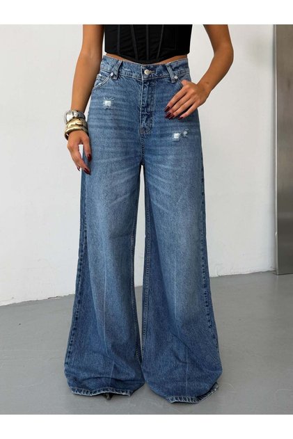 Women's High Waist Wide Leg Jean Pants with Nail Detail