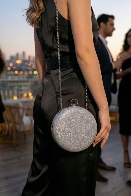 Simli Yuvarlak Model Gümüş Kadın Abiye Clutch Çanta