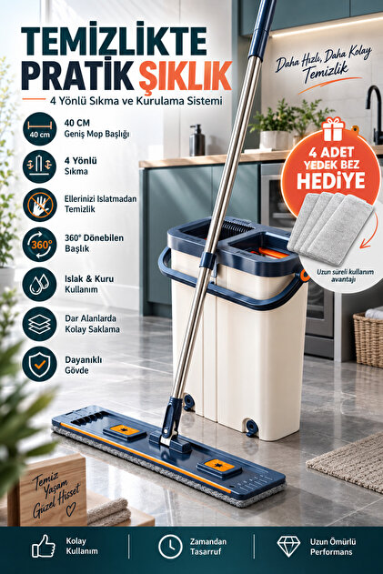 ADEFCO Dört Yönlü Sıkmalı Temizlik Mop Seti - Fiyatı, Yorumları