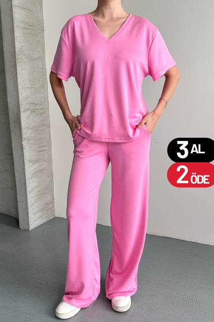 Kadın Oysh Modal Kumaş Yarım Kollu V Yaka Eşofman Takımı 6011 Pembe