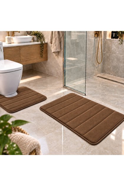 Covorase de Baie ®OPTIMDEKO, Spuma cu Memorie, 80x50 cm + 50x40 cm, Suprafata Moale si Absorbanta, Antiderapante, Lavabile, pentru Baie si WC, Maro