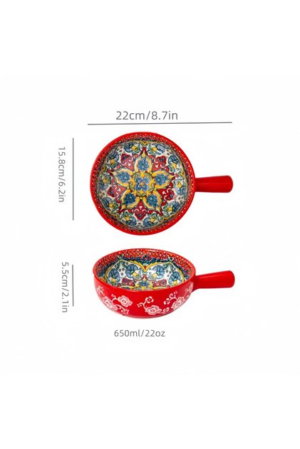 6.2 Red Bohemian Ceramic Hand-Painted Embossed Patterned Salad Bowl with Handle Kitchen Bakeware Mic
