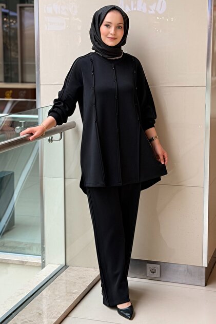 Fuat Gürşen Tunic and Trousers Set with Piping Detail and Crystal Stone Embroidery