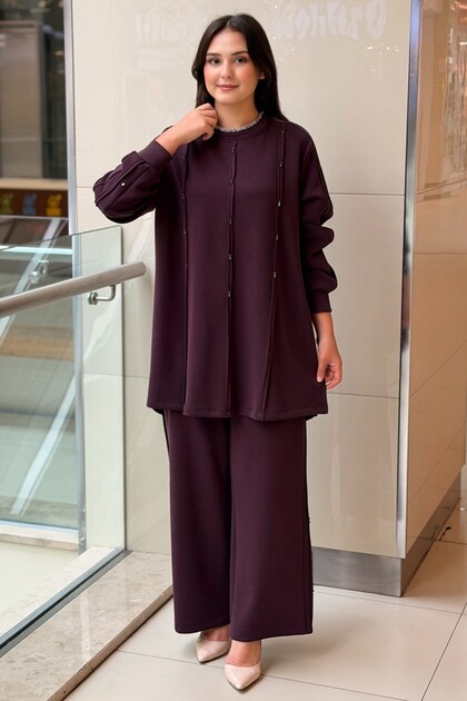 Fuat Gürşen Tunic and Trousers Set with Piping Detail and Crystal Stone Embroidery