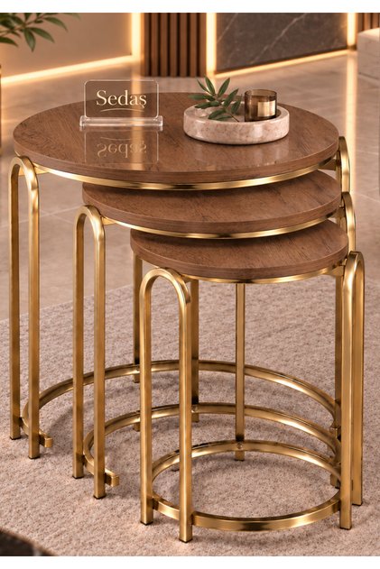 Lenka Zigon Sehpa Takımı Yuvarlak 3'lü Gold Metal -Koyu Ceviz sedaş-lenka-zigon-gold