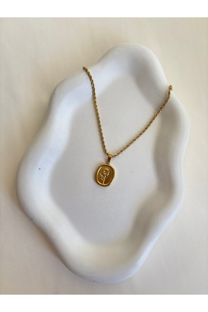 Burgu Zincirli Vintage Ayçiçeği Madalyon Kolye - Gold Renk Çiçek Desenli Kolye - Minimalist Tasarım