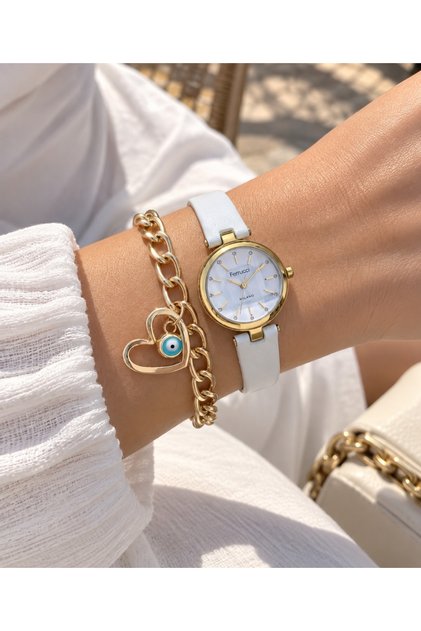 Mini Case, White Color Leather Cord, Women's Wristwatch + Bracelet