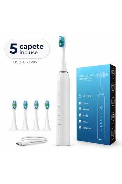 Periuță de dinți electrică sonică PS01, până la 43.000 vibrații/min, 5 moduri, USB-C, IPX7, 5 capete incluse