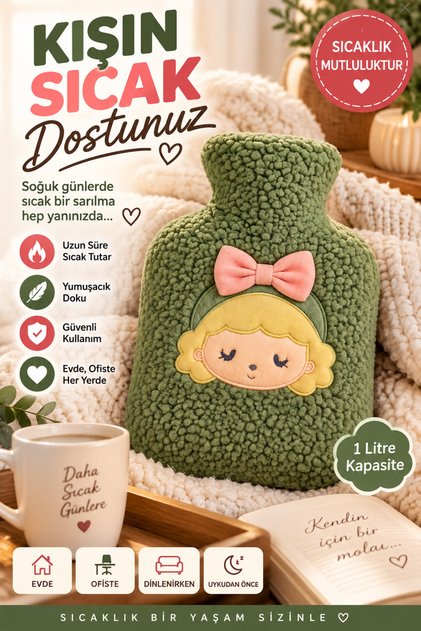 Green Plush Hot Water Bag – Soft, Safe and Stylish Girl Model, 1 Liter