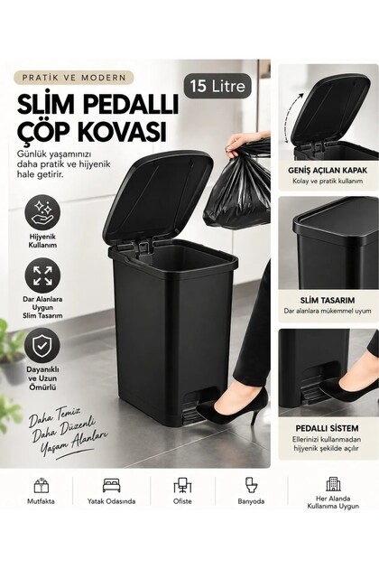 15 Litre Slim Pedallı Banyo Mutfak Çöp Kovası- Siyah