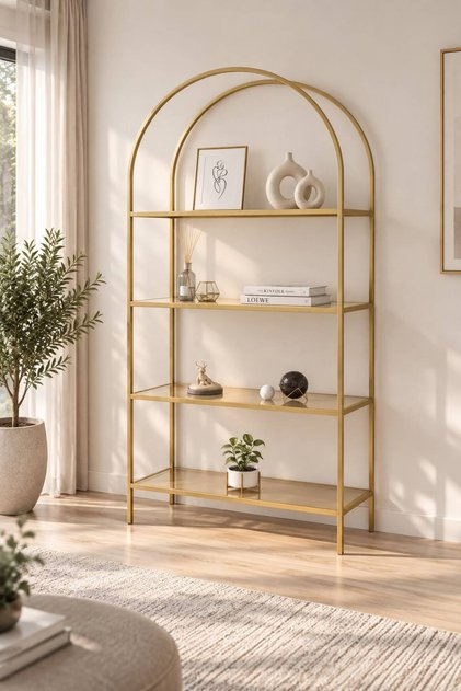 Linda 4 Raflı Camlı Kitaplık, Kahve Köşesi, Mutfak Rafı Mat Gold(GOLD ESKİTME) Metal - Temperli Bronz Cam
