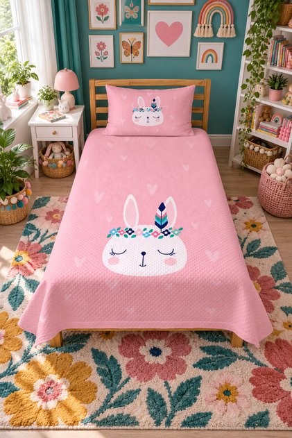 Cute Rabbit and Heart Baby Pique Set - Fairy Tale Themed Nordic Powder Coral Decorative Bedspread