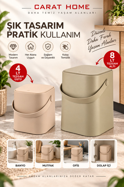 Avantajlı 2'li Set Click Kapaklı Tutma Saplı Iç Kovalı Tezgah Üst Mutfak Çöp Kovası - Latte