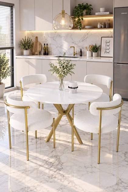 Mina Masa Sandalye Takım 90 Cm Masa Gold(ESKİTME) 4 Sandalye Teddy Sandalye Bukle - Teddy Kumaş