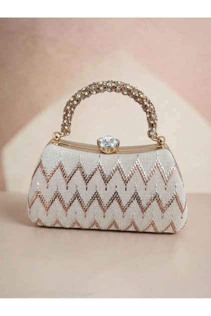 Women's Beige Handcrafted Wire Braided Embroidered Silver and Copper Patterned Stone Handle Pearl Evening Dress Bag 14×24