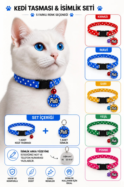 Kedi isimlik Tasma Mavi Pauntiyeli 2'li Set Desenli Kedi isimliği isimli kedi tasması