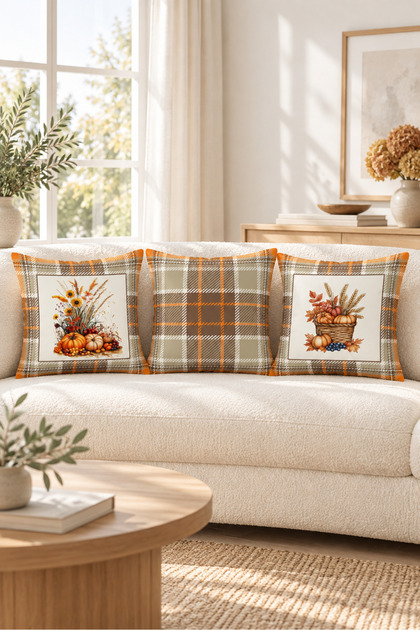 Autumn Patterned Velvet 3-Piece Throw Pillow Cover Set 43X43 cm - Decorative Pillowcases