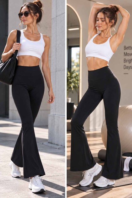 Women's Black Flared Diving Fabric Leggings - High Waist Recovery