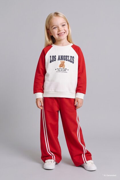 Regular Fit Ayıcıklı Uzun Kollu Üst Lastikli Paça Alt 2'li Takım Kız Bebek I3661A526AU