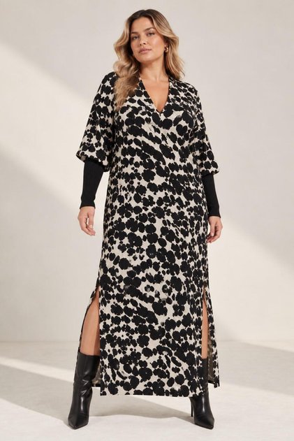 Plus Size Patterned Slit Long Dress