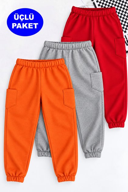Lastikli Paça İçi Polarlı Baskısız 3'lü Paket Unisex Kırmızı-Gri-Turuncu Çocuk Eşofman Altı