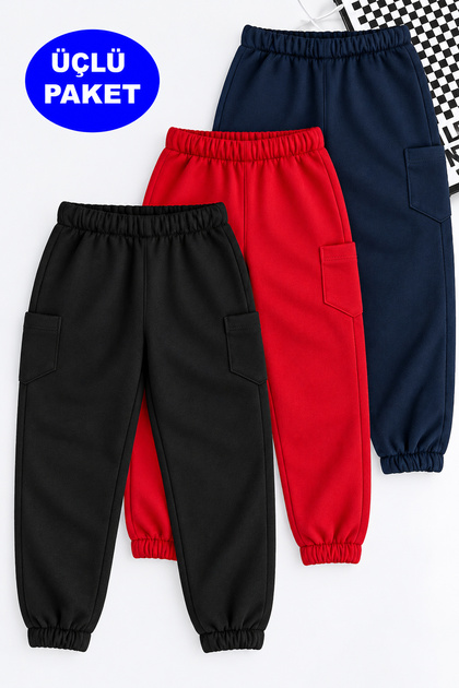 Lastikli Paça İçi Polarlı Baskısız 3'lü Paket Unisex Siyah-Kırmızı-Lacivert Çocuk Eşofman Altı