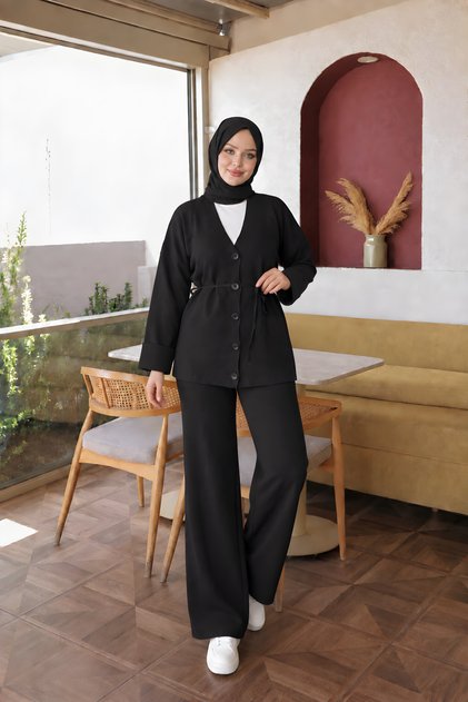 Black Cardigan and Trousers Cold Yarn Knitwear Set