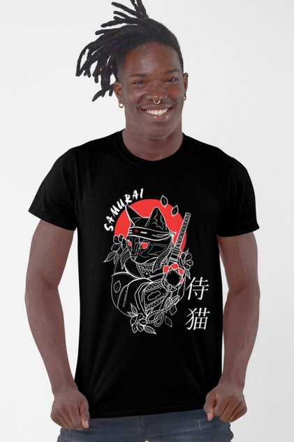 Cat Samurai Black Short Sleeve Men's T-shirt