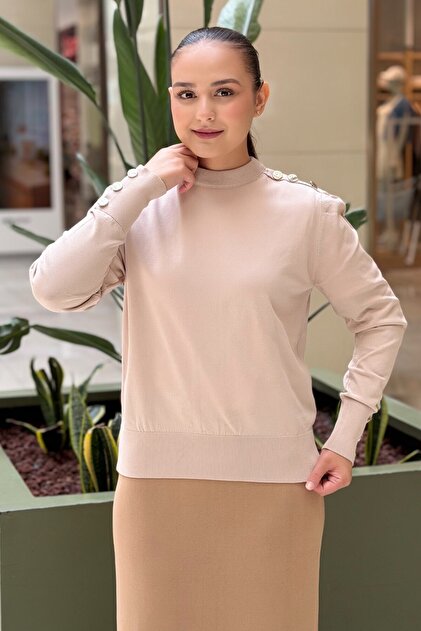 Mercerized Sweater with Gold Button Detail on the Shoulder and Cuff