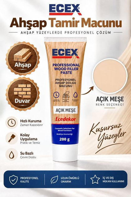 Açık Meşe Ahşap Tamir Macunu (200gr) – Su Bazlı Çatlak ve Yüzey Dolgu Macunu | MDF, Mobilya, Kapı, Parke, Laminat ve Duvar Tamiri