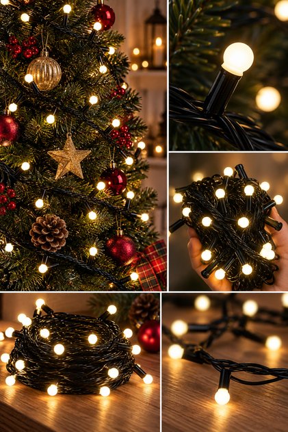 10 Metre 100 Led Siyah Kablo Günışığı 8 Animasyonlu Süsleme Işığı İç Mekan Fişli Top Uçlu