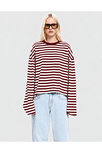 Uzun Kollu Bordo Çizgili Sweatshirt G-9672